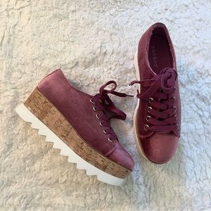 Cute Velvet sky high laced tie wedge platform sneaker shoes.